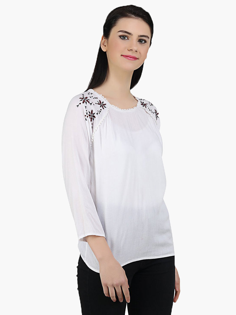 White Cotton Embroidered  Top - MissGudi