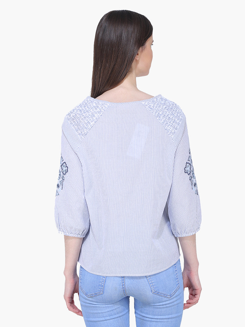 Cotton Blue and White Embroider Woman Top - MissGudi