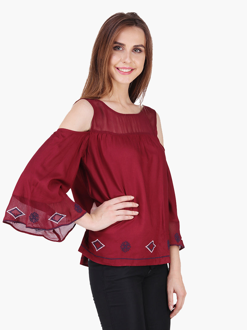 Maroon Viscose Embroidered Party Top - MissGudi