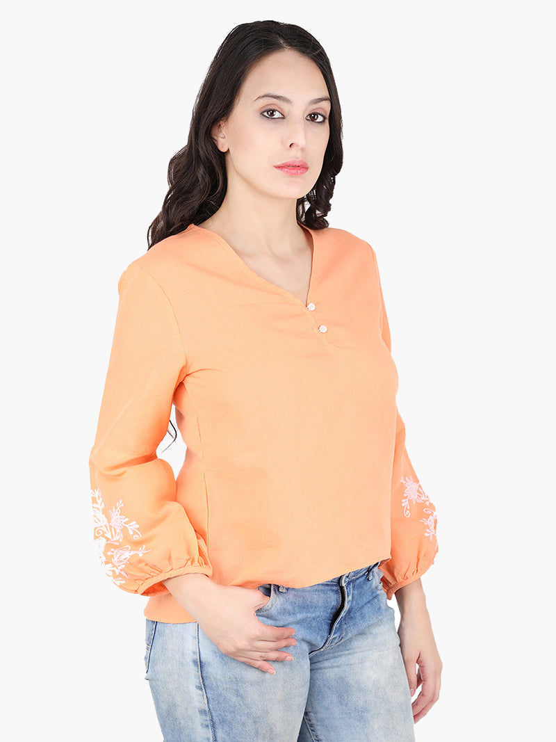 Zuwi Orange Embroidered Women Top - MissGudi