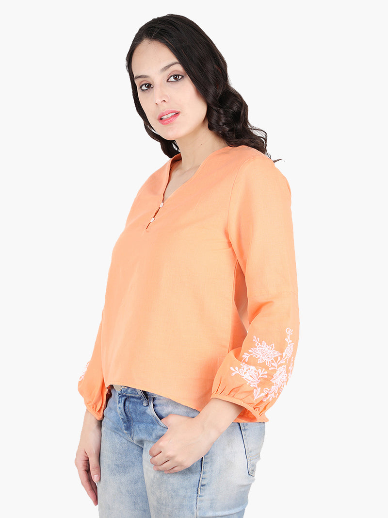 Zuwi Orange Embroidered Women Top - MissGudi