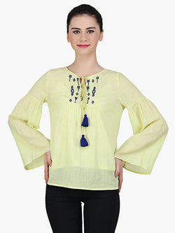 Yellow Viscose Embroidered Top - MissGudi