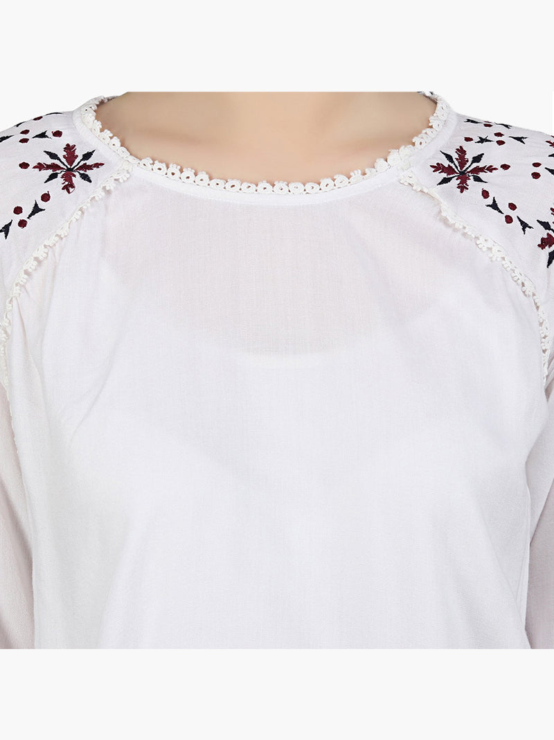 White Cotton Embroidered  Top - MissGudi