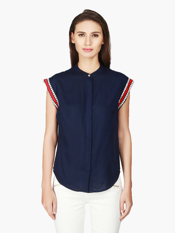 Navy Blue Rayon Women Top - MissGudi