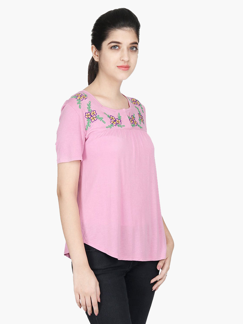Pink Viscose Knitted Embroidered Top - MissGudi