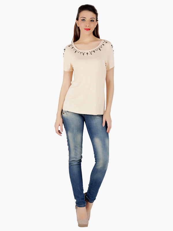 Peach Embellished Viscose  Women Top - MissGudi