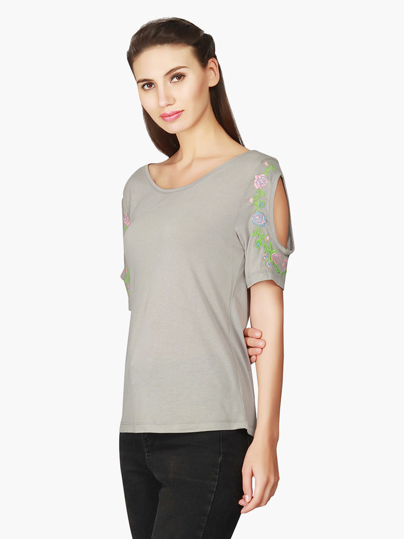 Grey Embroidered Viscose Knitted  Top - MissGudi