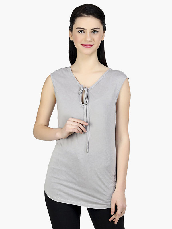 Grey Solid Viscose Knitted Top - MissGudi