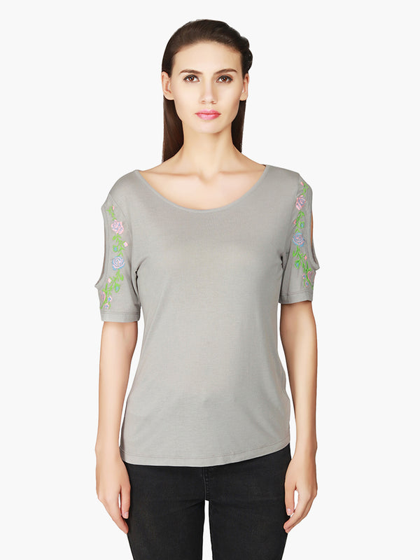 Grey Embroidered Viscose Knitted  Top - MissGudi