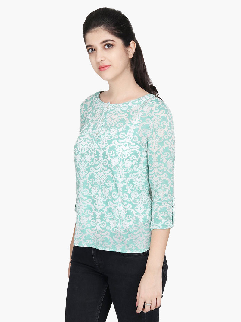 Green Poly Viscose Knitted Printed Top - MissGudi