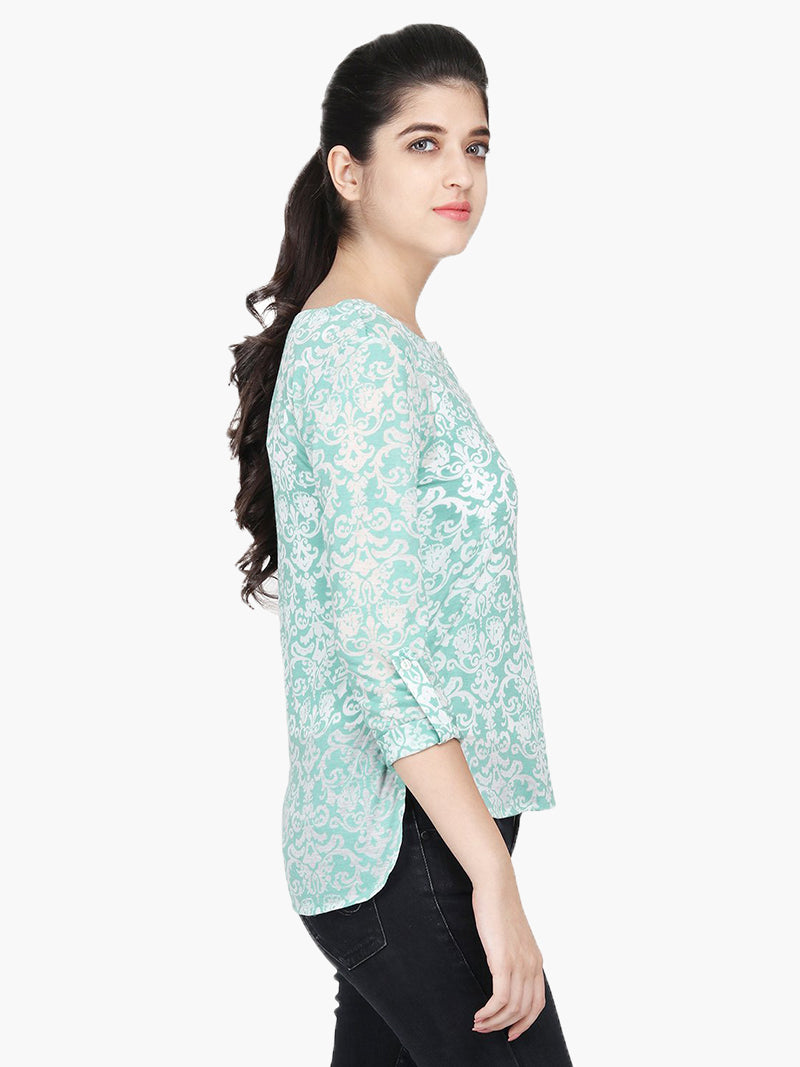 Green Poly Viscose Knitted Printed Top - MissGudi