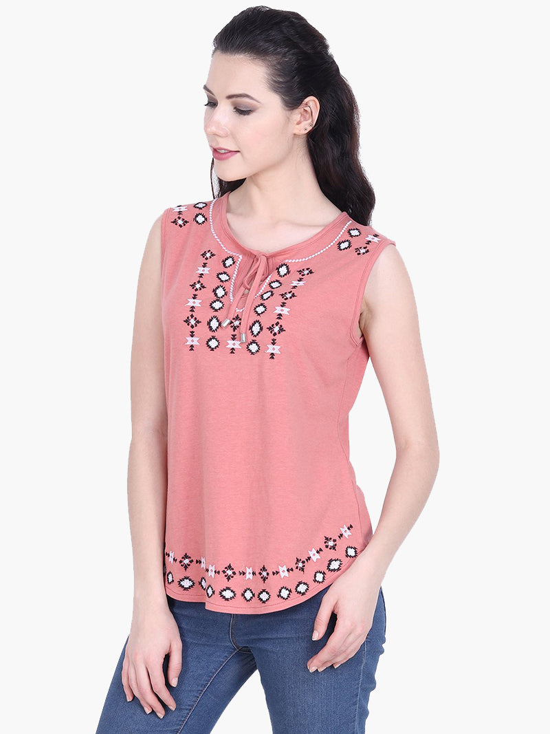 Bronze Sleeveless Embroidered Cotton Knitted Top - MissGudi