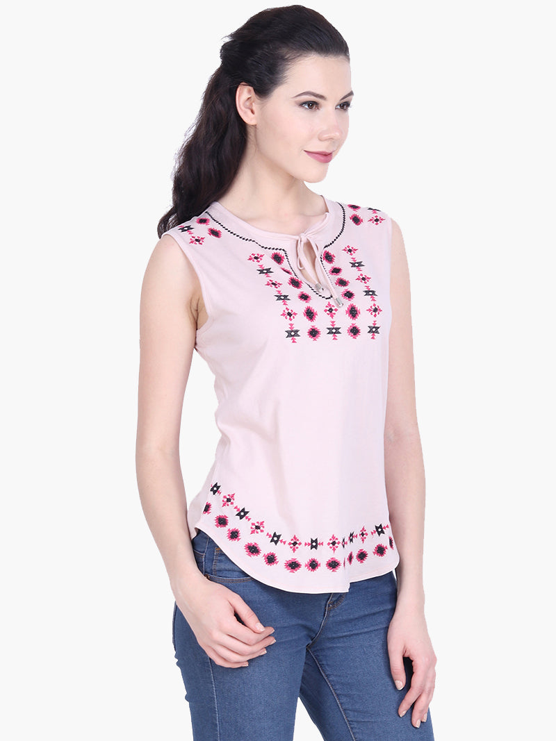 Light Pink Sleeveless Embroidered Cotton Knitted Top - MissGudi