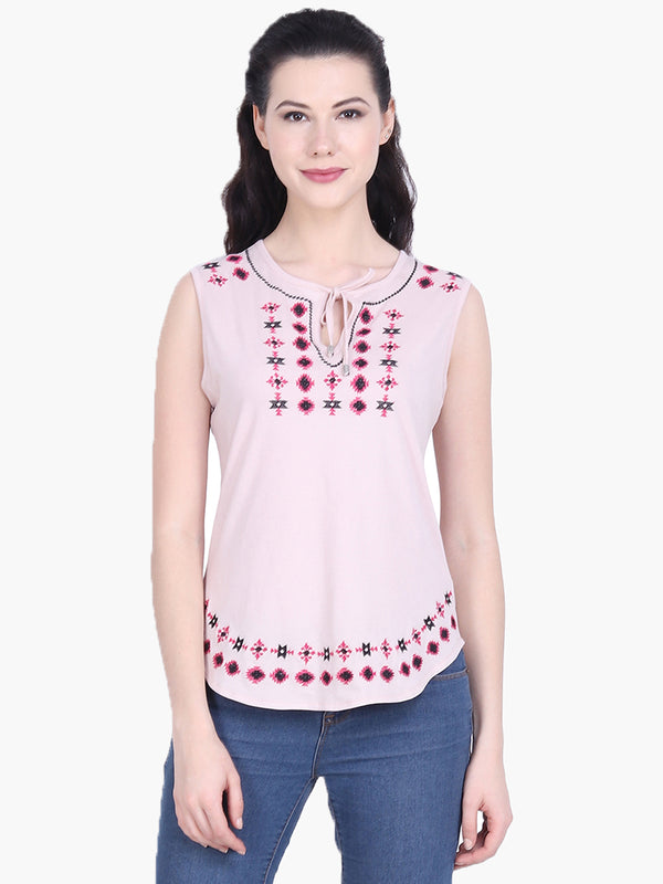 Light Pink Sleeveless Embroidered Cotton Knitted Top - MissGudi