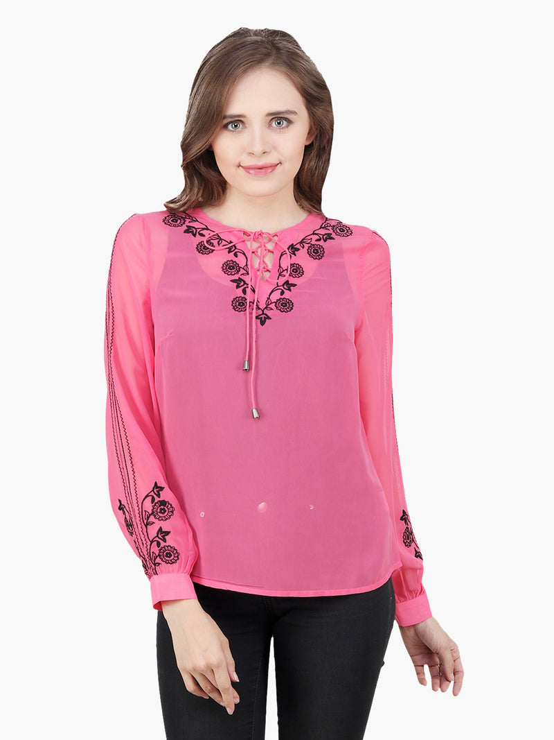 Neon pink Georgette Embroidered Woman  Party Top - MissGudi