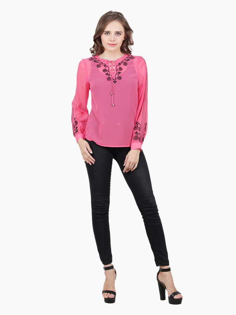 Neon pink Georgette Embroidered Woman  Party Top - MissGudi