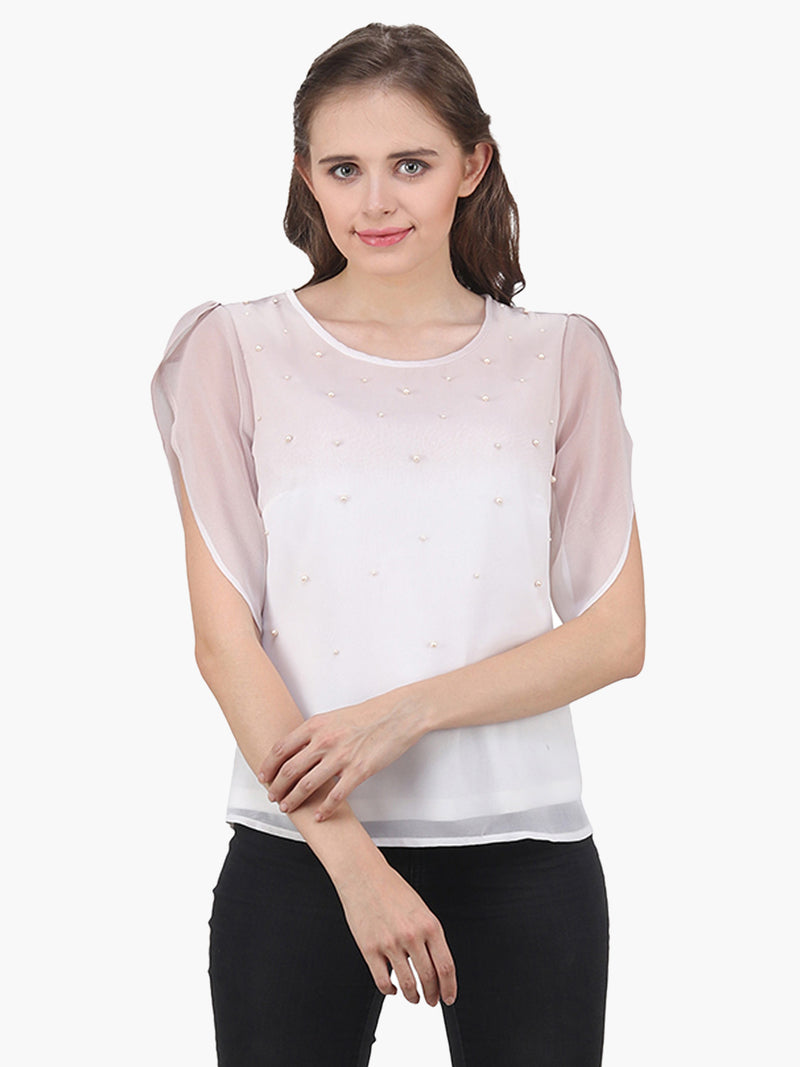 Off White Ombre Pearl Embellished Woman Top - MissGudi