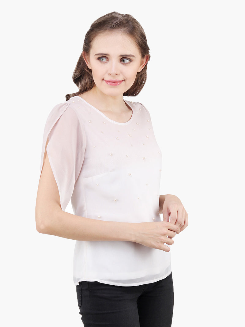 Off White Ombre Pearl Embellished Woman Top - MissGudi