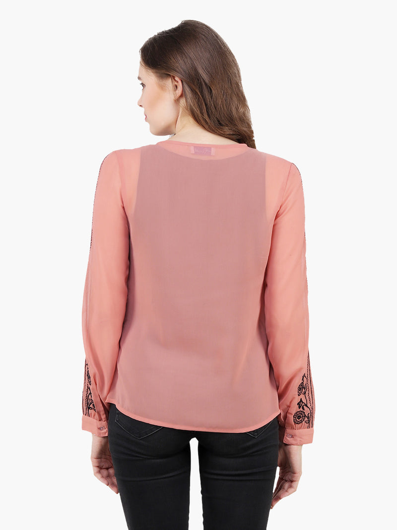 Peach Georgette Embroidered Woman  Party Top - MissGudi