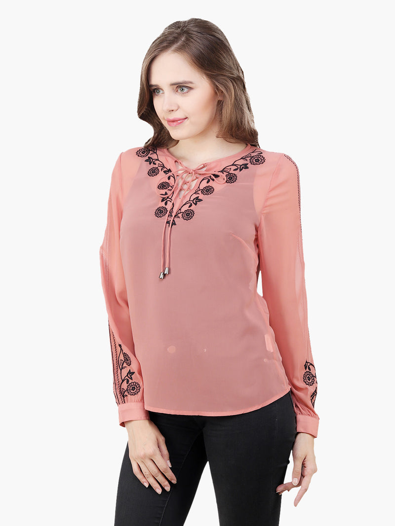 Peach Georgette Embroidered Woman  Party Top - MissGudi