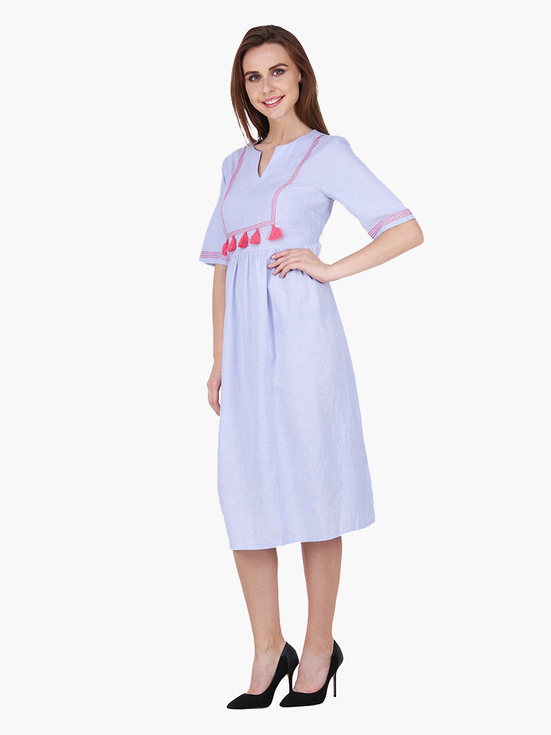 Blue Cotton Embroidered Woman Dress - MissGudi