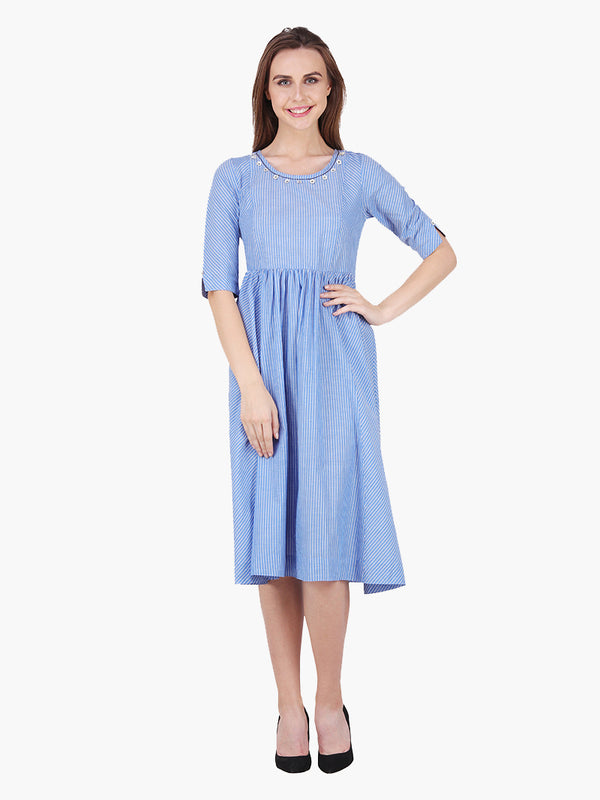 Striped Blue Cotton Women Dress - MissGudi