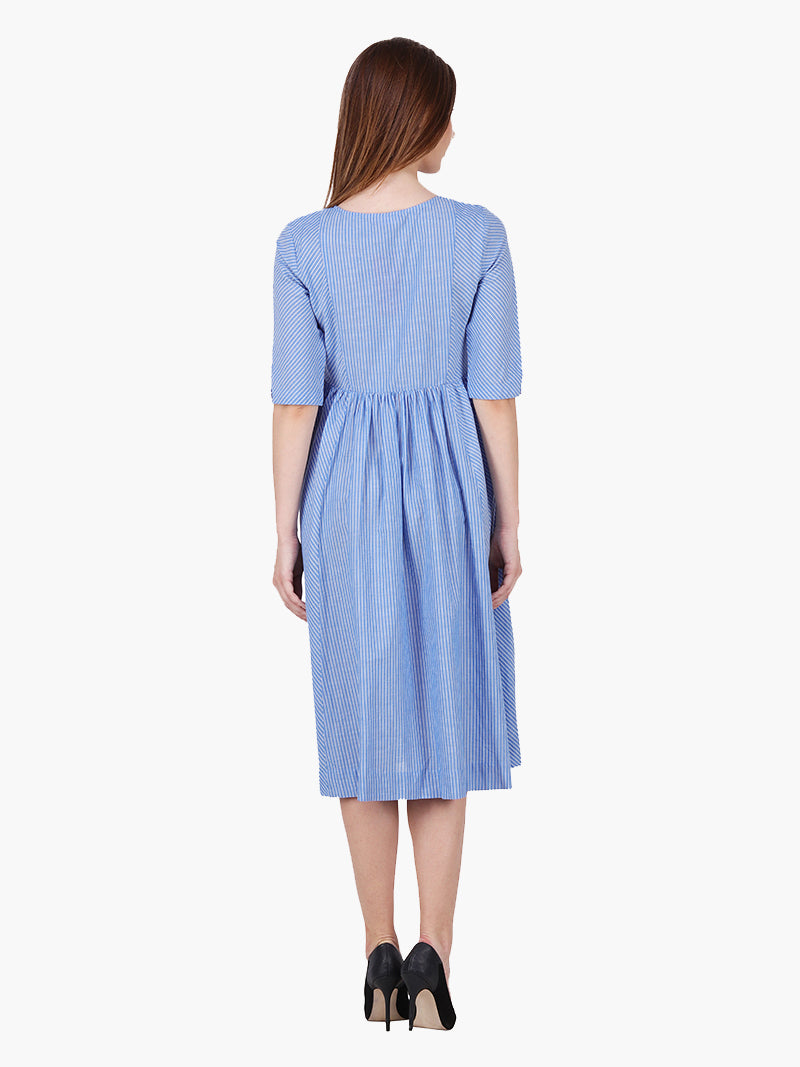 Striped Blue Cotton Women Dress - MissGudi