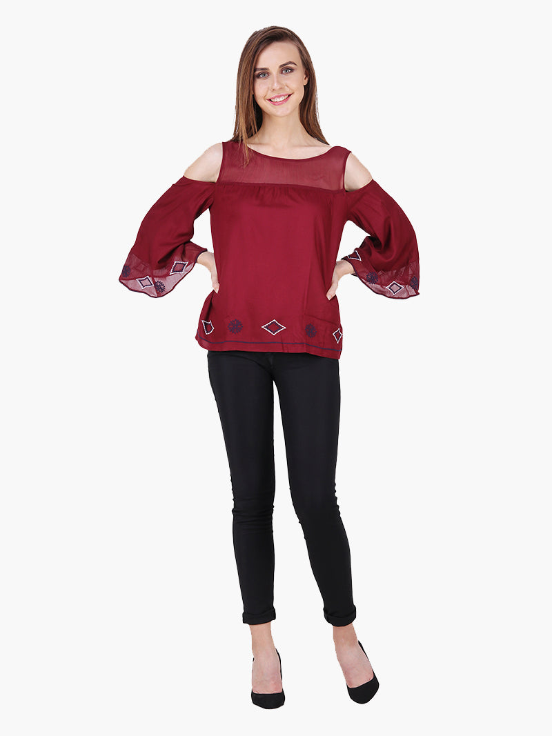 Maroon Viscose Embroidered Party Top - MissGudi