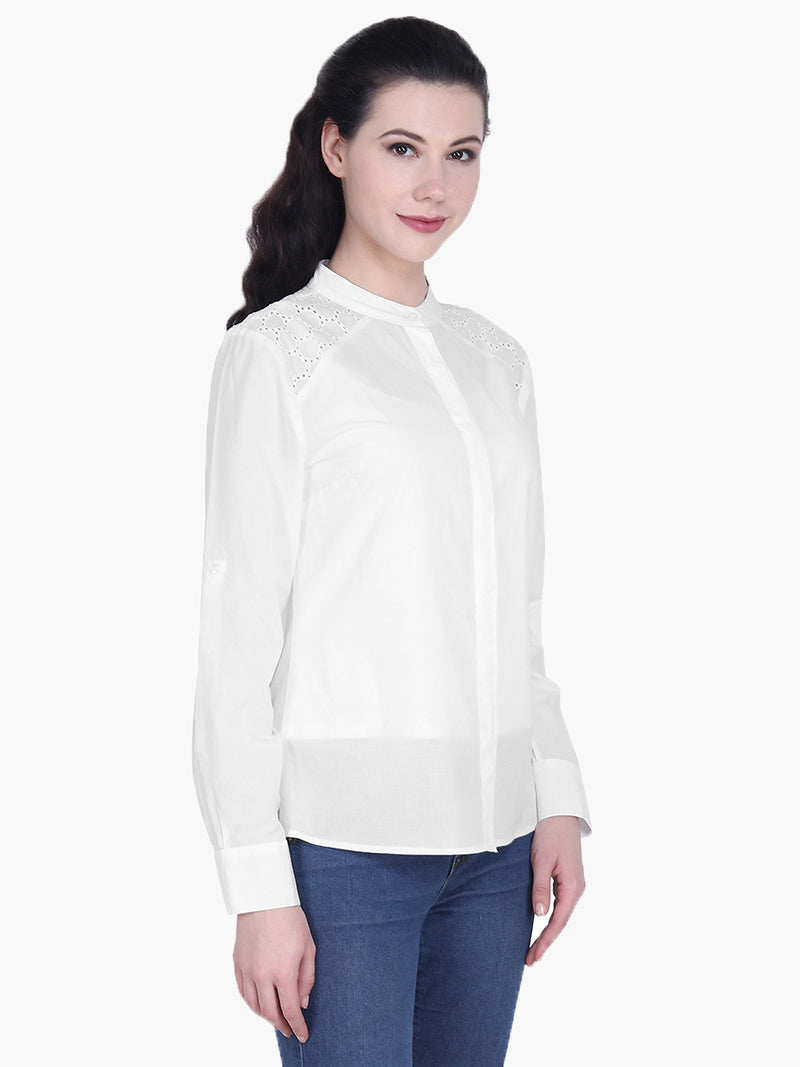 White Cotton schiffli Shirt - MissGudi
