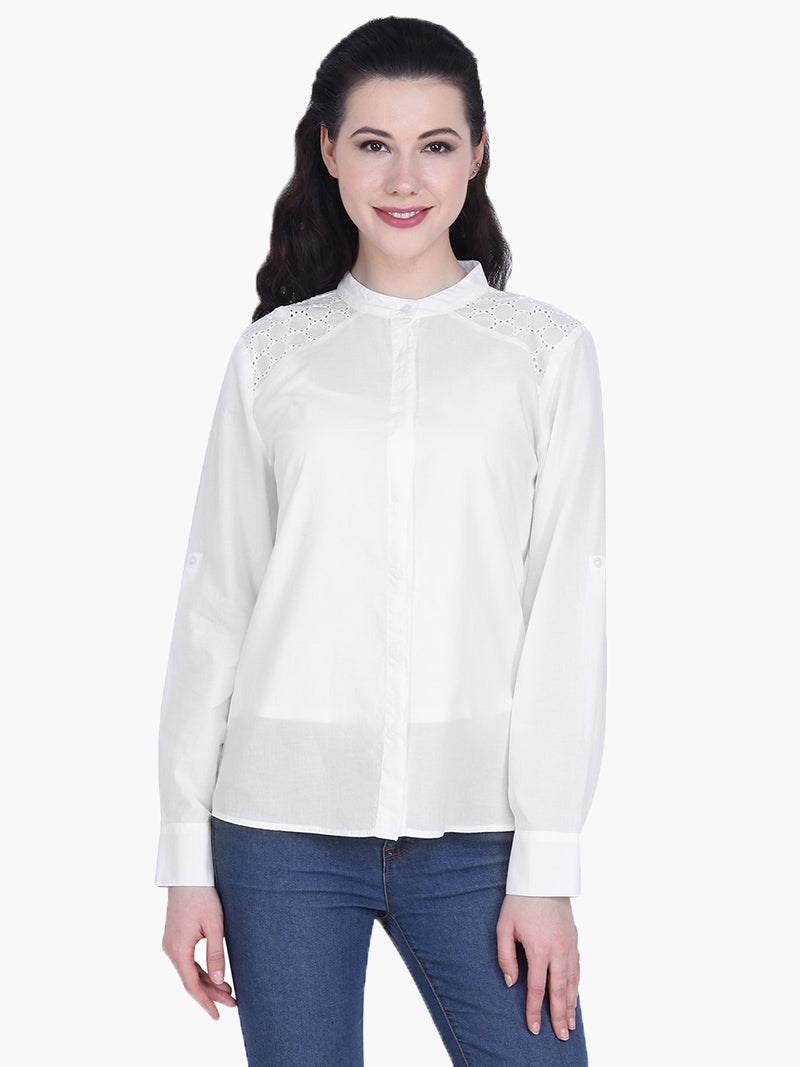 White Cotton schiffli Shirt - MissGudi