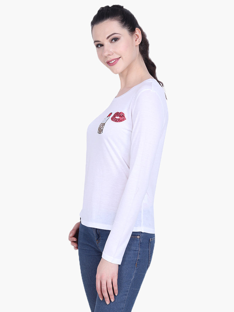 White Viscose Knitted Embellished T-shirt - MissGudi