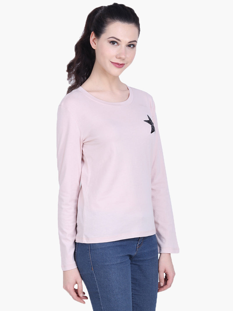Blush Viscose Knitted Embellished T-shirt - MissGudi