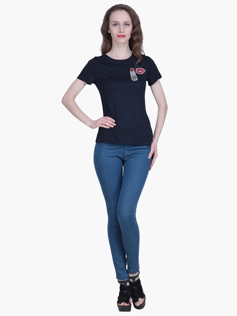 Navy Blue Viscose Knitted Embellished T-shirt - MissGudi