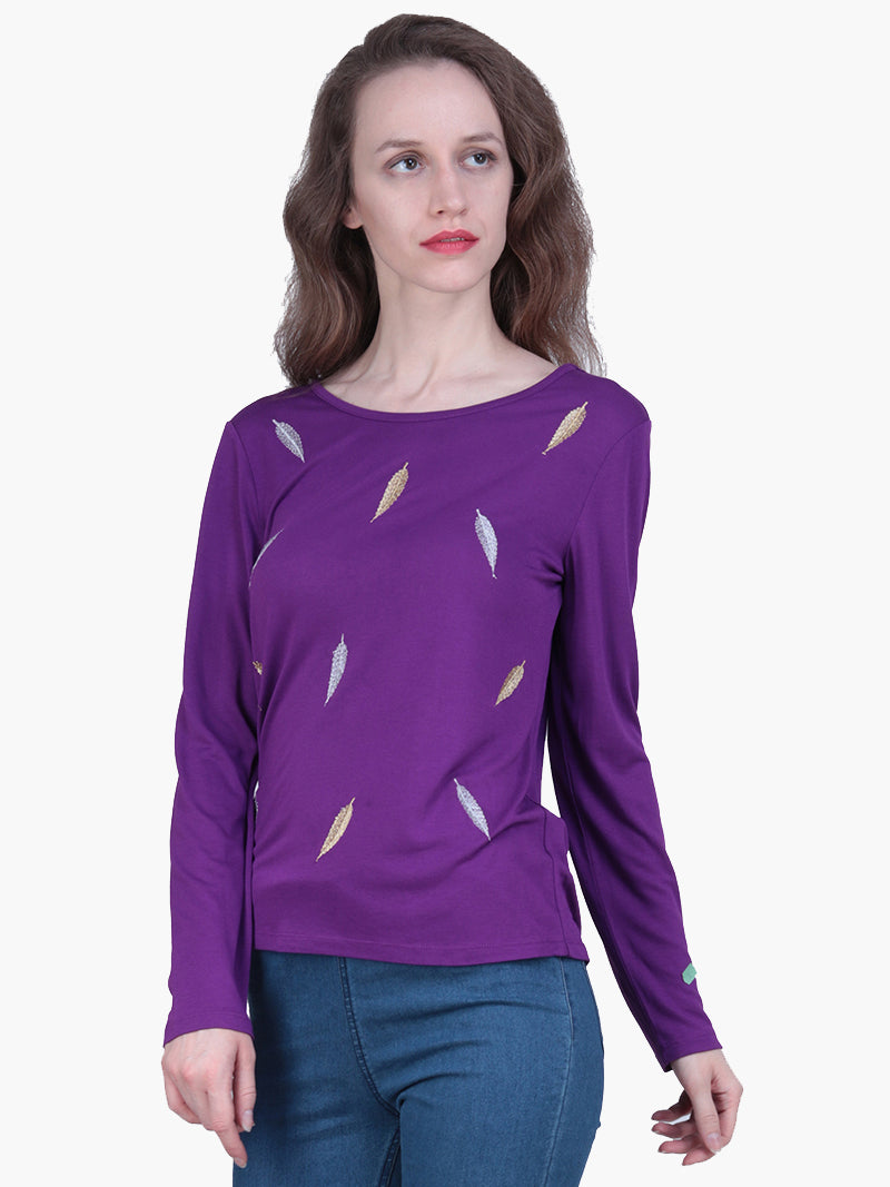 Purple Viscose Embroidered Woman T Shirt - MissGudi