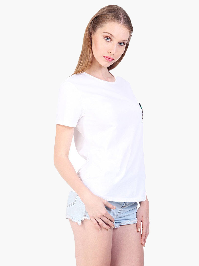 White Embellished Cotton Casual T-Shirt - MissGudi