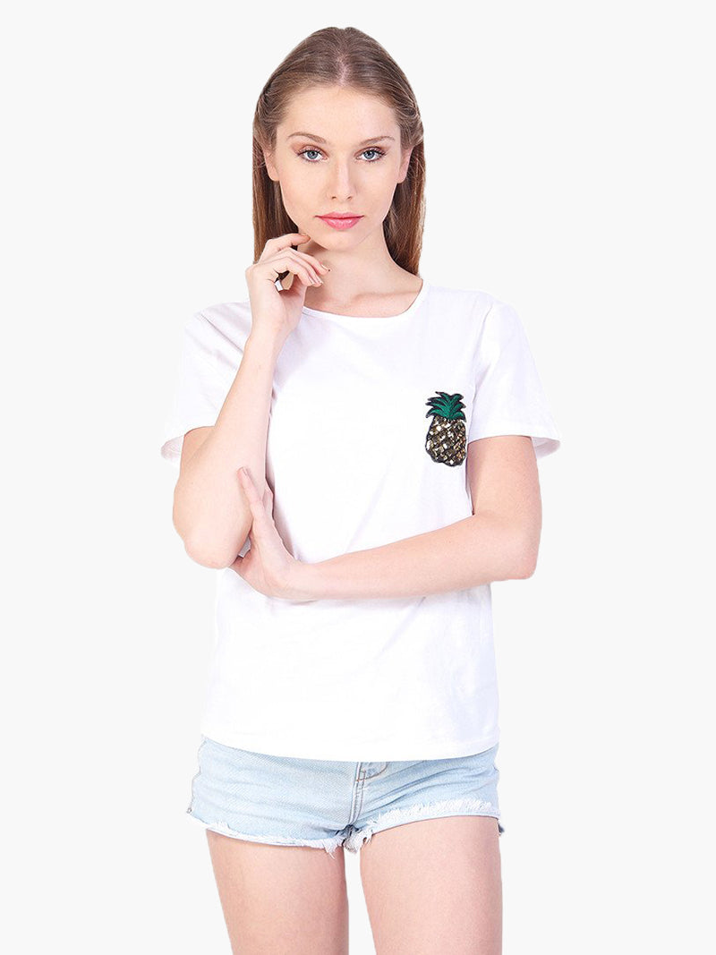 White Embellished Cotton Casual T-Shirt