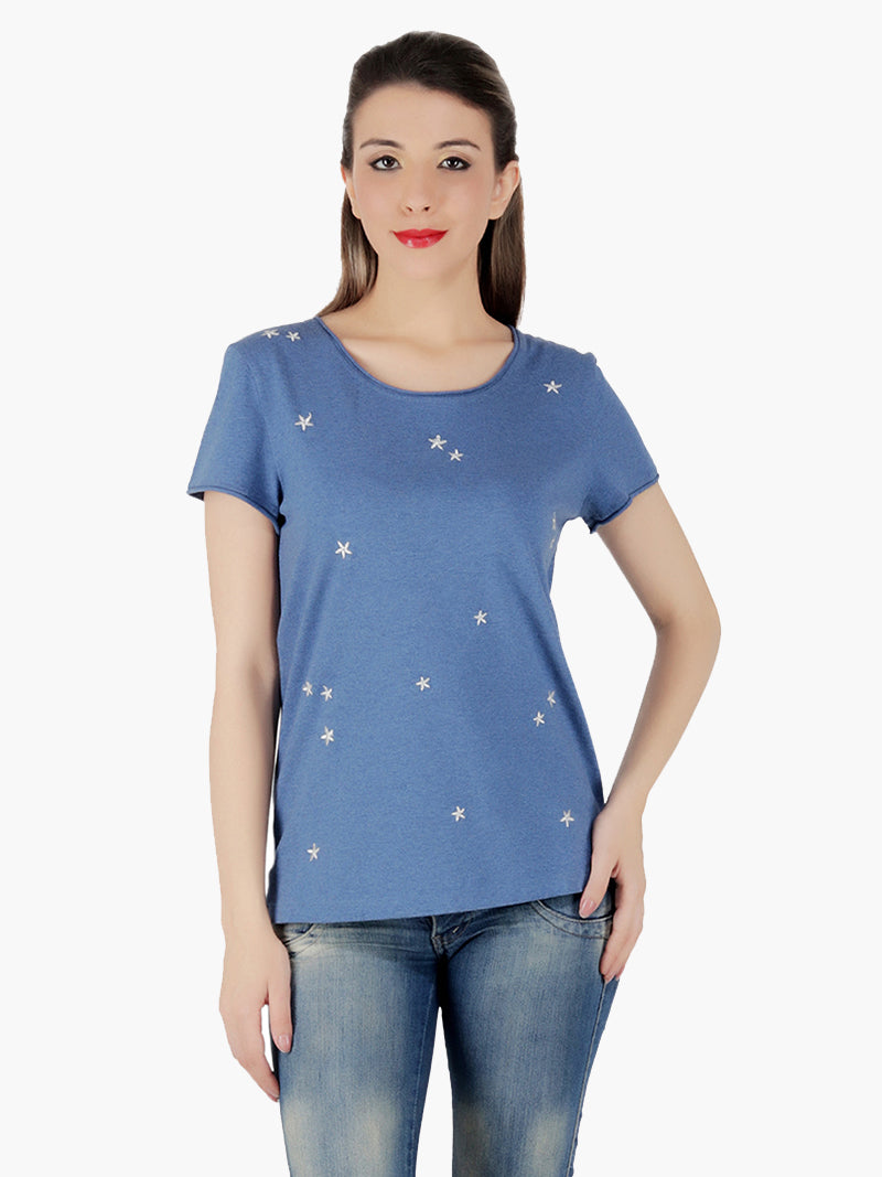 Blue Viscose knitted Women T-Shirt - MissGudi