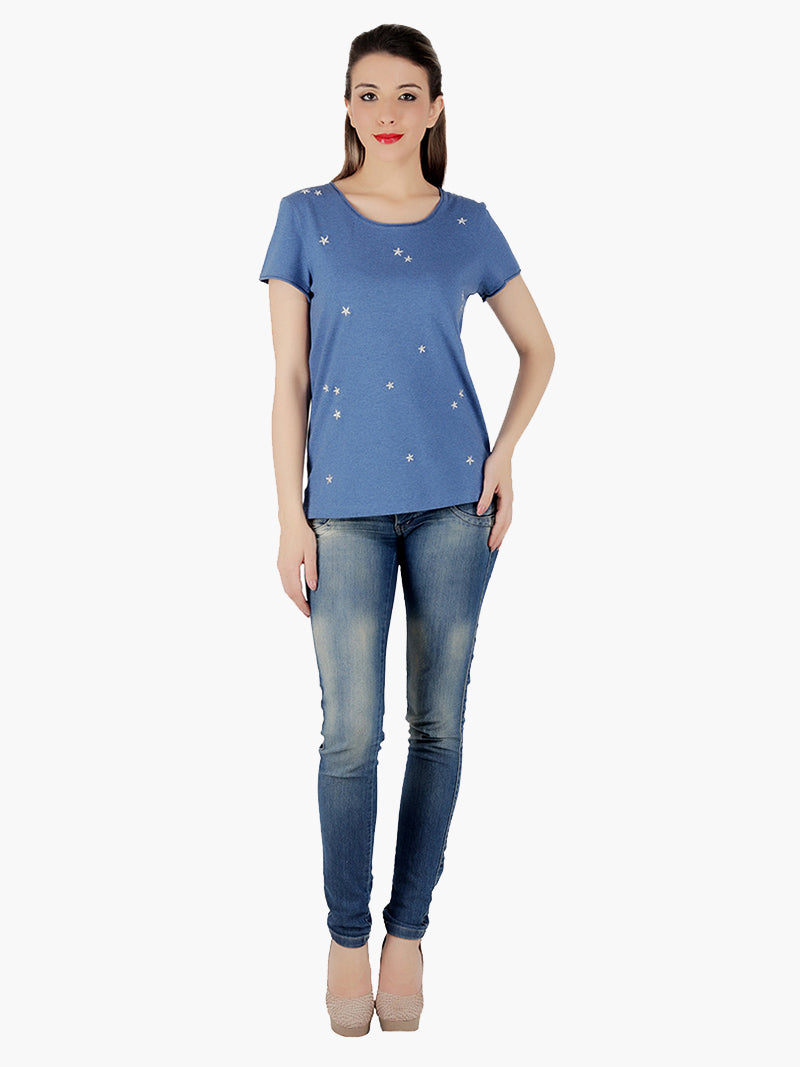 Blue Viscose knitted Women T-Shirt - MissGudi