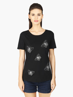 Black Butterfly Embroidered Viscose Knitted T-Shirt - MissGudi
