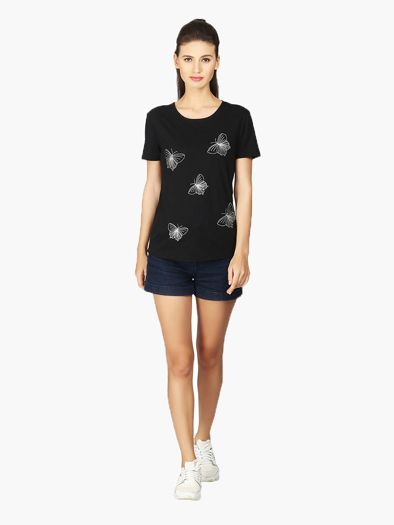 Black Butterfly Embroidered Viscose Knitted T-Shirt - MissGudi