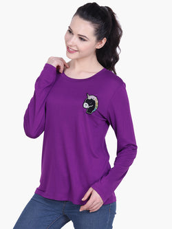 Purple Viscose Knitted Embroidered T-shirt - MissGudi