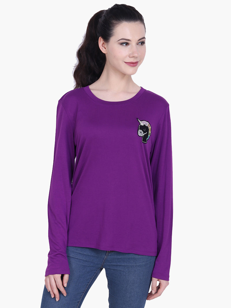 Purple Viscose Knitted Embroidered T-shirt - MissGudi