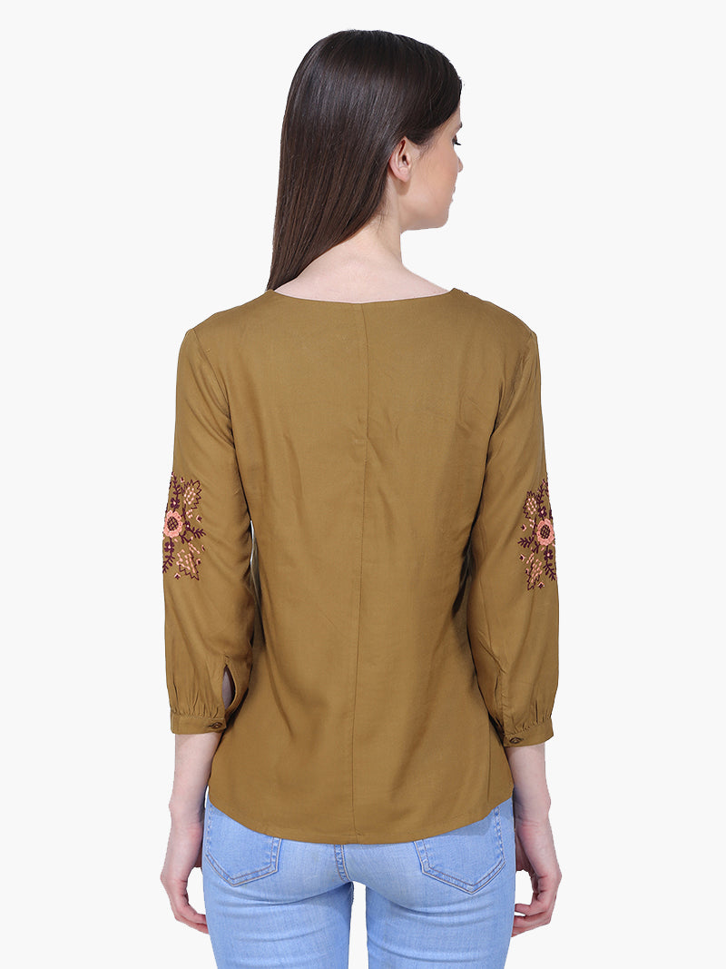 Olive Green Embroidered Woman Top - MissGudi