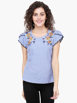 Zuwi Blue Stripe & Embroidered Woman Top - MissGudi