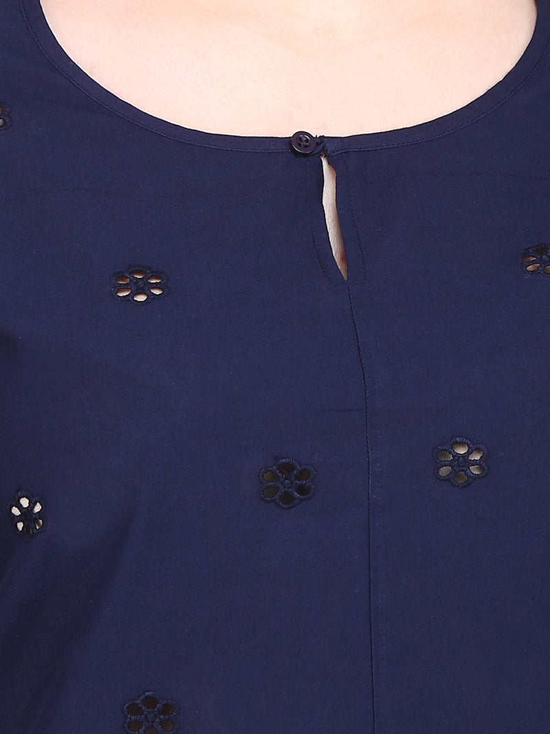 Dark Blue Cotton Cambric Shiffly Woman Top - MissGudi