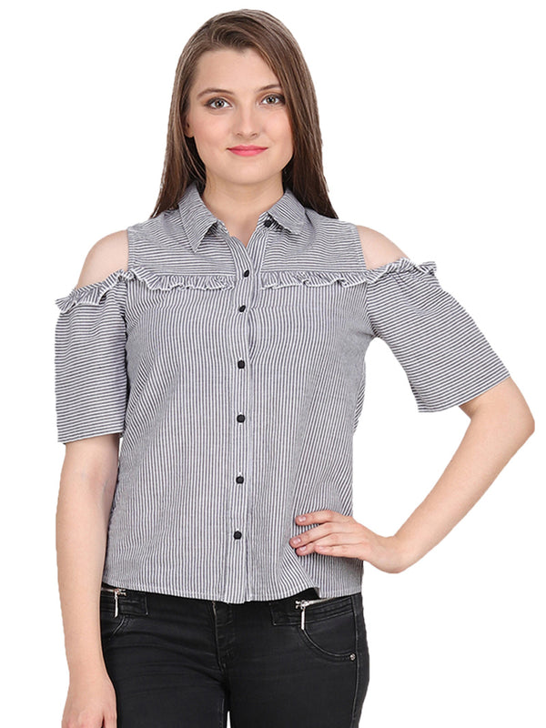 Grey White Striped Woman Shirt - MissGudi